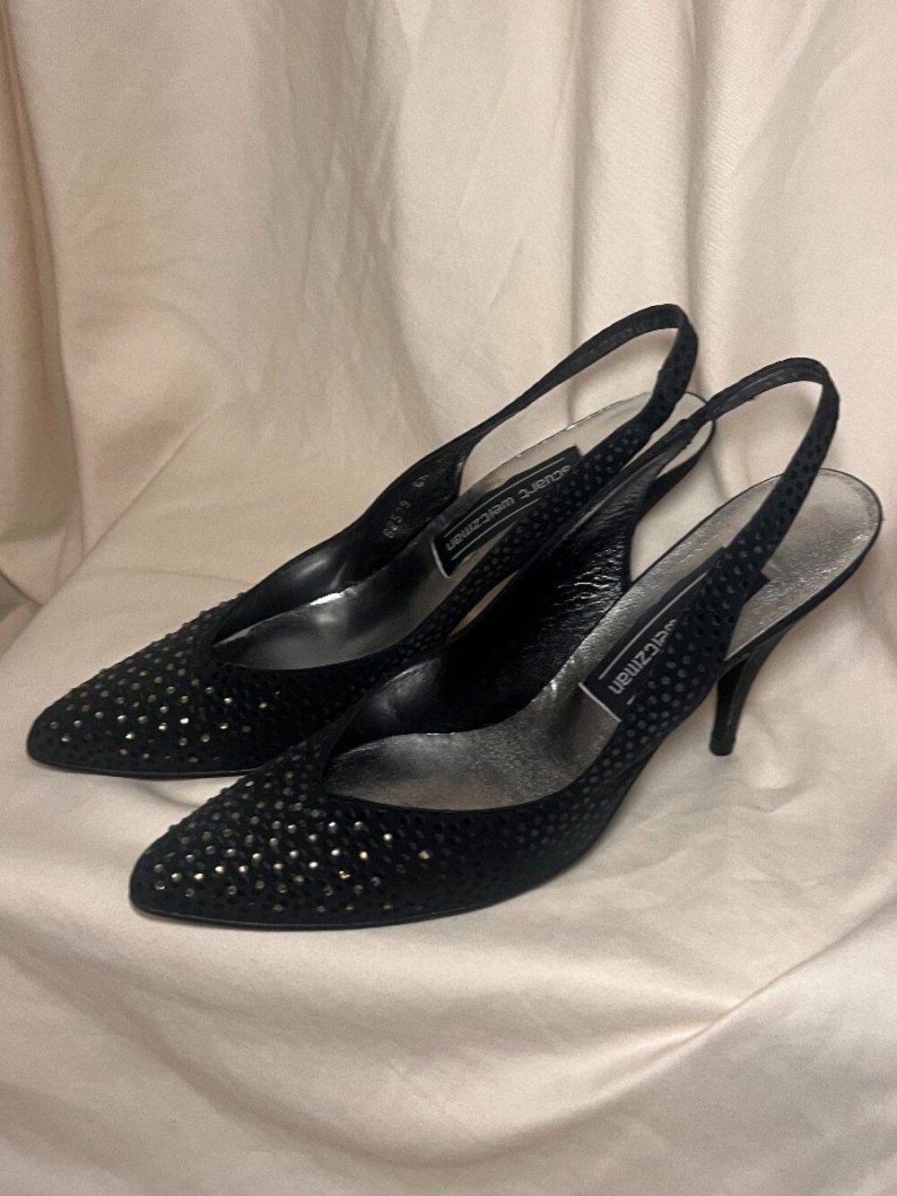 STUART WEITZMAN Black Satin Slingback Rhinestone Heels, Vintage Y2K, Size 8.5 AA